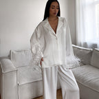 Patchwork Feather Long Sleeve Collared Top Trousers