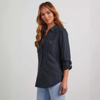 Women's Denim Shirt Collared Single Breasted Long Sleeve Denim