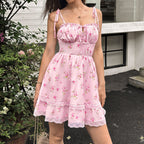 Lace Splicing Sling Dress Print Hollow Out Cutout Out Strap Backless Waist