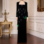 Rhinestone Square-Neck Long-Sleeve Bodycon Maxi Dress