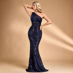 Women's Sequin Oblique Shoulder Applique Evening Cocktail Dress