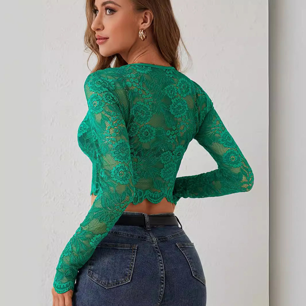 Women’s Black Lace Embroidered Cropped Long Sleeve Top