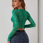Women’s Black Lace Embroidered Cropped Long Sleeve Top