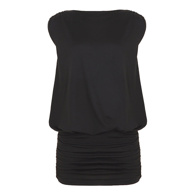 Black short ruched dress with a gathered waist and smooth fitted bodice