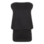 Black short ruched dress with a gathered waist and smooth fitted bodice