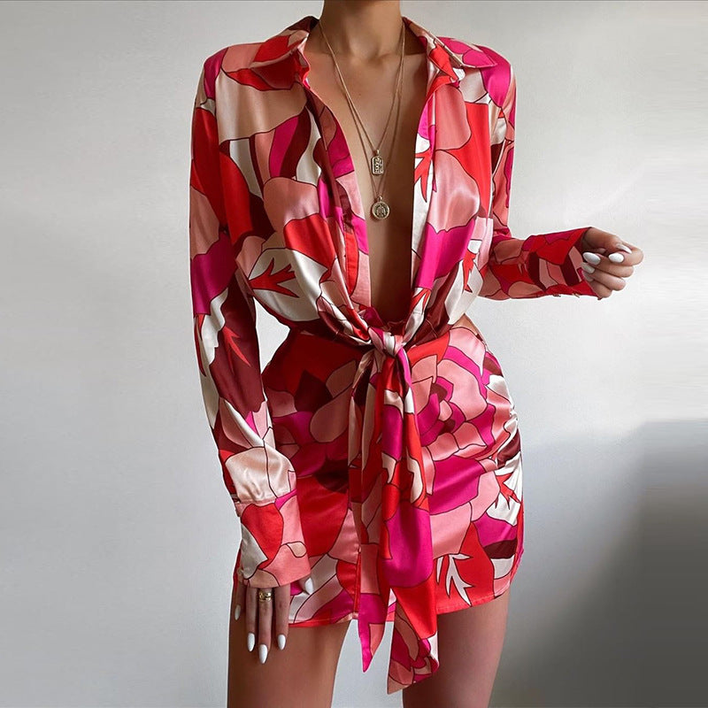 Women's Summer Collared Print Long Sleeve Narrow Dress