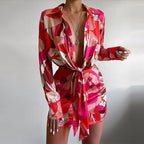 Women's Summer Collared Print Long Sleeve Narrow Dress