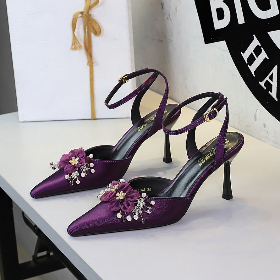 Women's Pointed-Toe Rhinestone Satin Heels