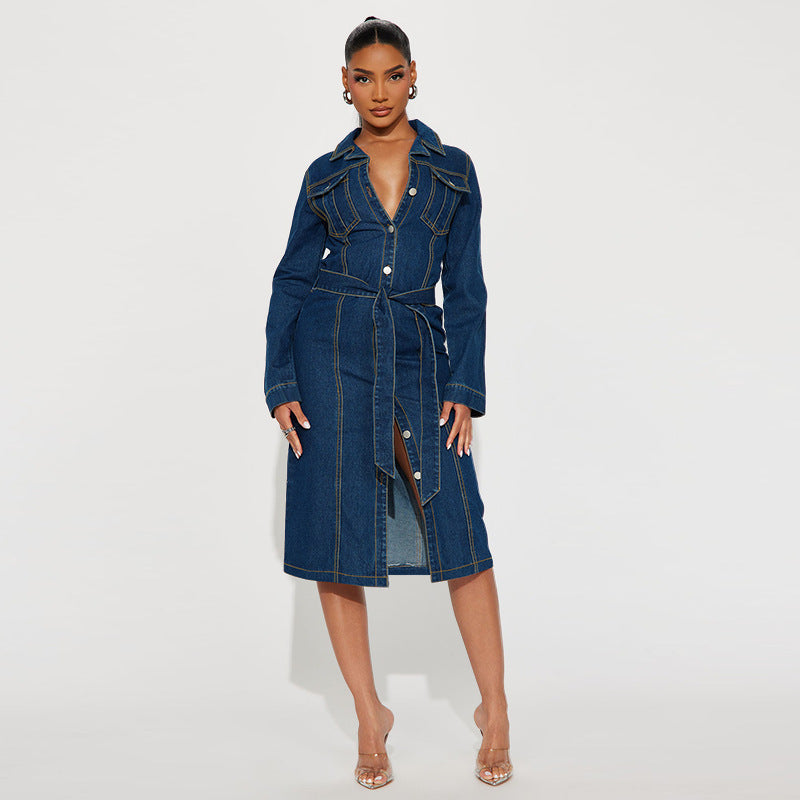 Belted Long-Sleeve Denim Shirt Dress