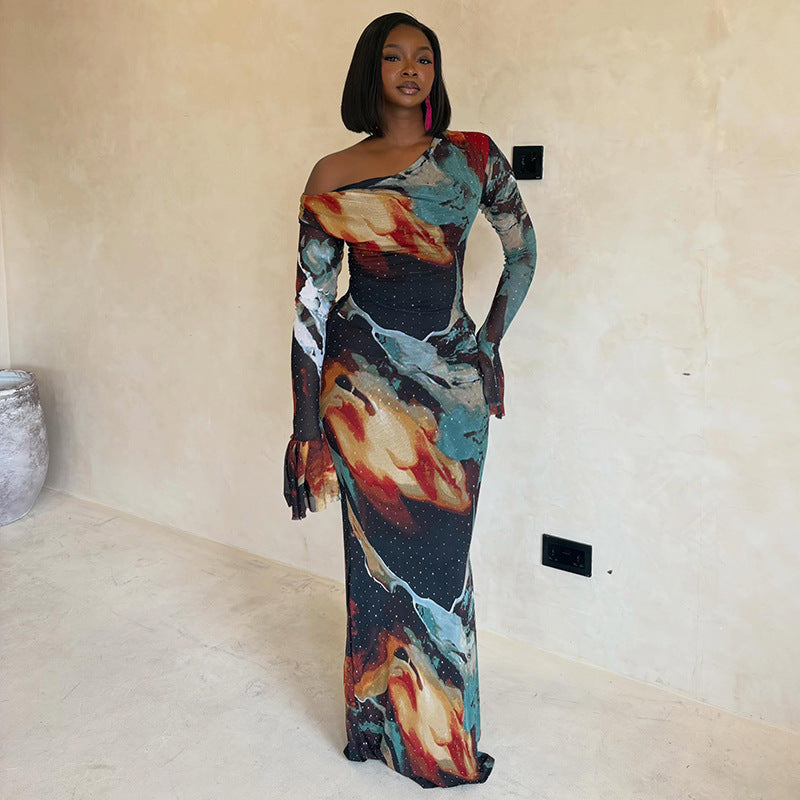Women's Asymmetric One-Shoulder Printed Dress