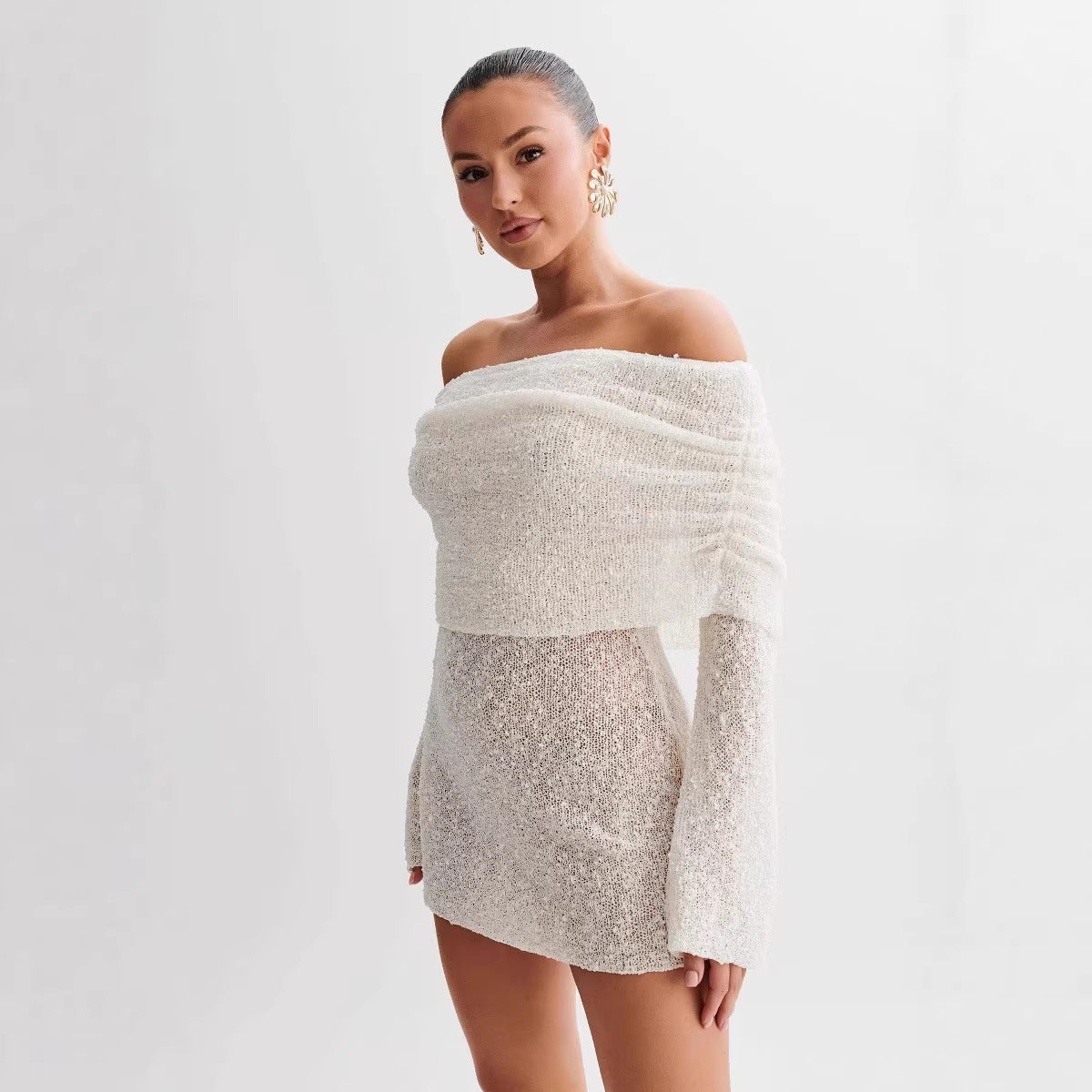 Knitted Women Short Beach Dress Women See through Long Sleeves off