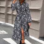 Stand Collar Lace Patchwork Dress Women Printed Shirt Long Sleeve Dress