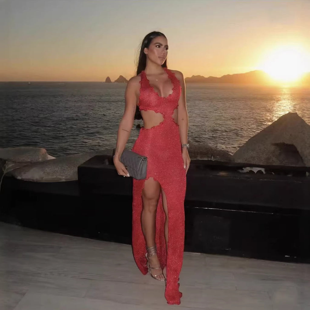 Women's Deep V-Neck Crochet Split Dress
