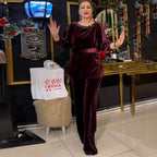 Gold Velvet Western Slim Fit round Neck Pullover Straight Leg Pants Two Piece