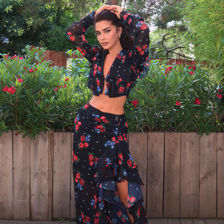 Women's Digital Printing Sexy Suit Long Sleeve Short Top Design Ruffled Slit Sheath Skirt Two Piece Set