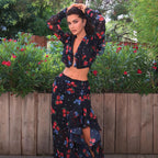 Women's Digital Printing Sexy Suit Long Sleeve Short Top Design Ruffled Slit Sheath Skirt Two Piece Set