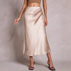 Heap Pleated Satin Elastic Waist Solid Color Elegant Skirt
