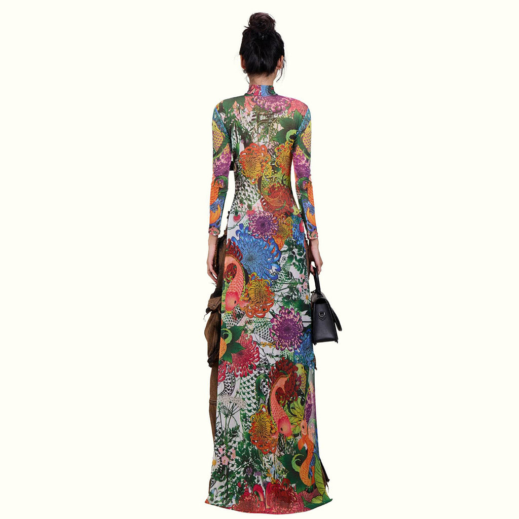 Women's Spring Women Clothing Personality Plant Print Long Sleeve Half Turtleneck High Slit Long Shirt