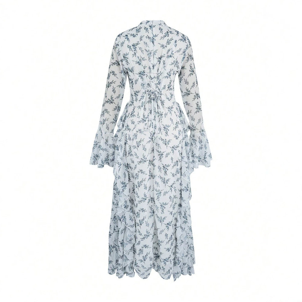 Women's Printed Lace-Up Waist Maxi Dress