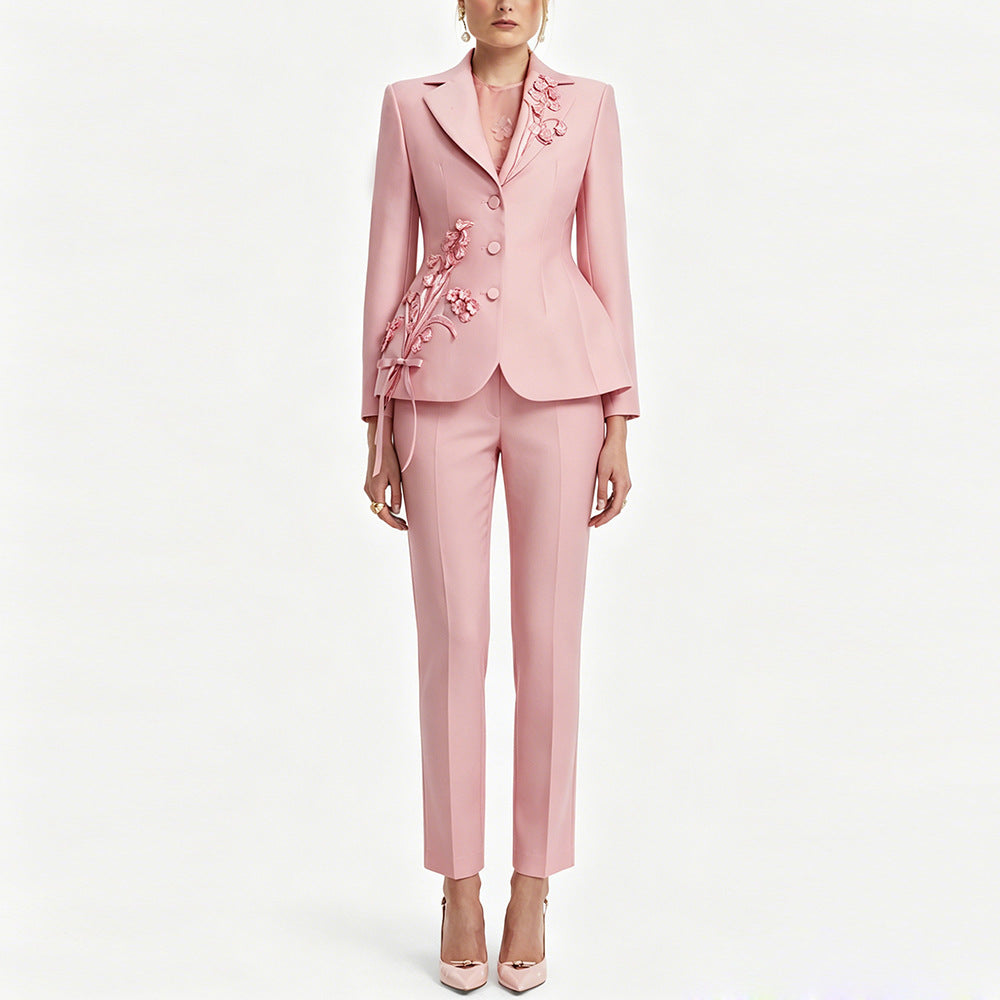 Women's Floral Embroidered Blazer and Trousers Two-Piece Set