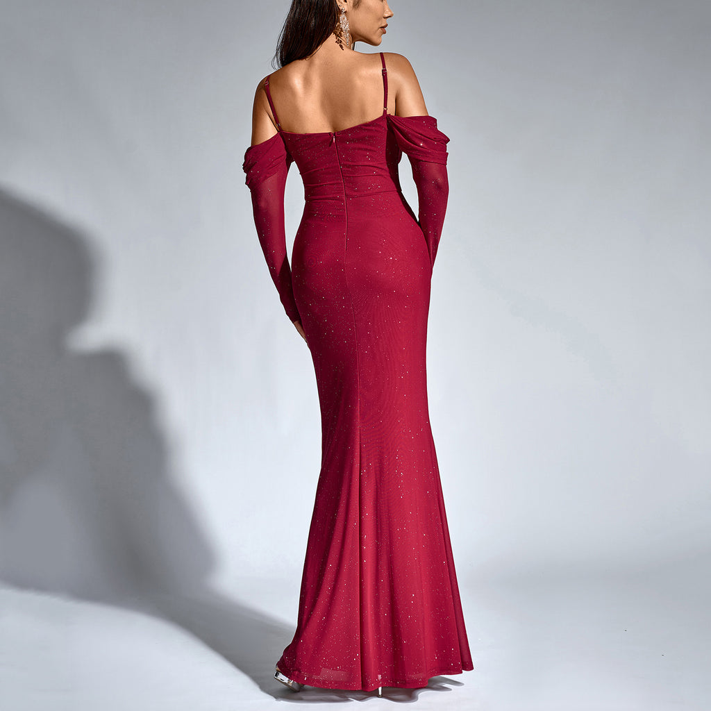 Women's Spaghetti-Strap Sequin Ruched Long-Sleeve Fishtail Maxi Dress