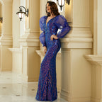 Women's Long Sleeved Elegant Long Sequined V Neck Backless Dress