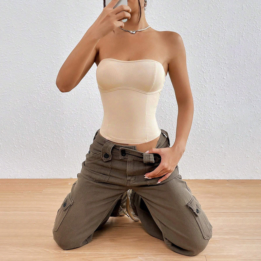 Women’s Apricot Knitted Strapless Tube Top