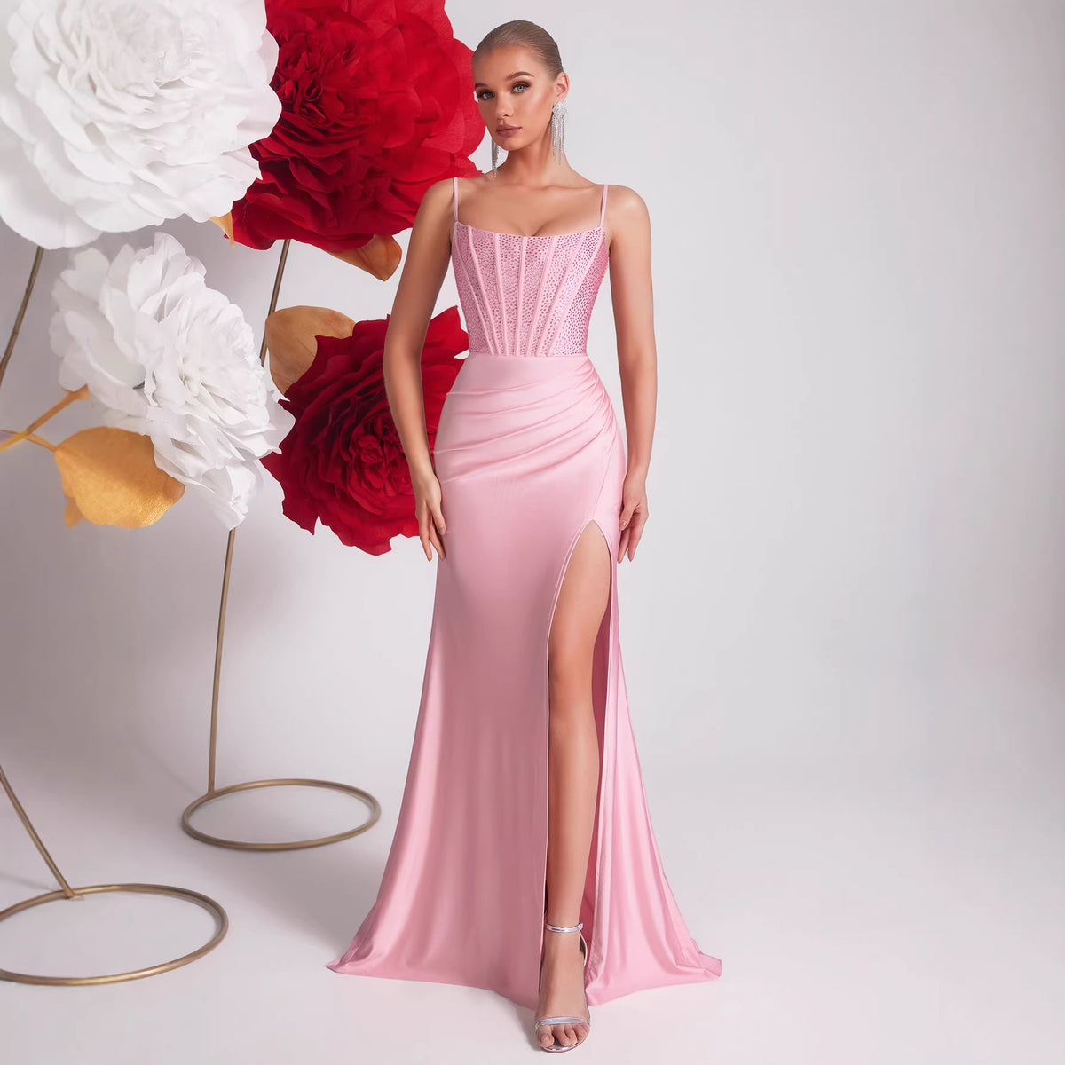 Women's Spring Pink Strappy Boning Corset Evening Dress Light Luxury Shapewear
