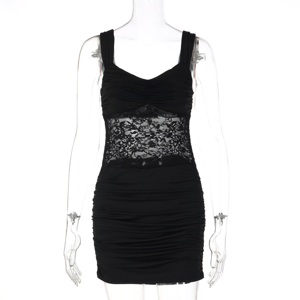Black sleeveless mini dress with lace bodice panel and ruched skirt on mannequin.