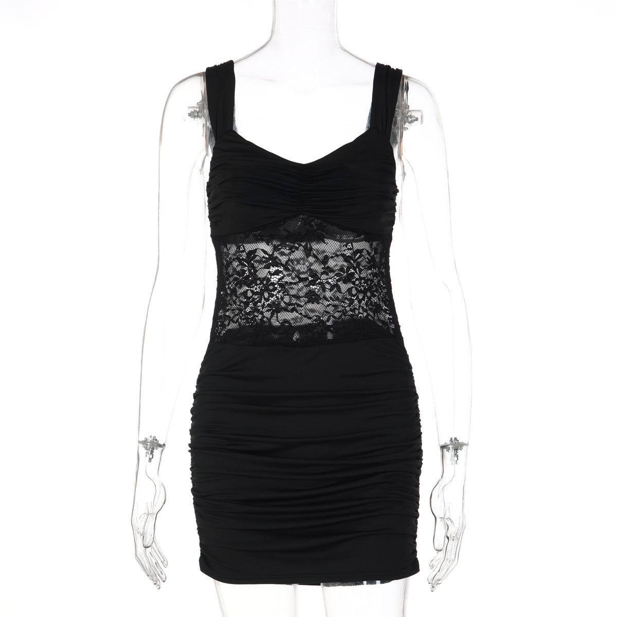 Black sleeveless mini dress with lace bodice panel and ruched skirt on mannequin.