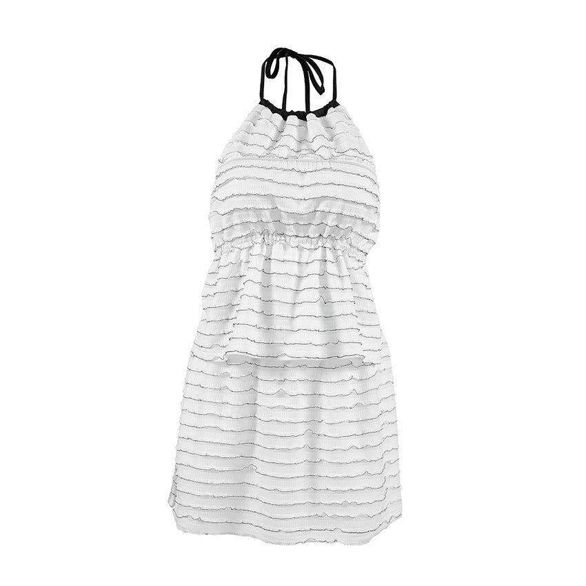 Women Summer Sexy Halter Backless Black White Contrast Color Jacquard Vest Short Skirt Two Piece Set
