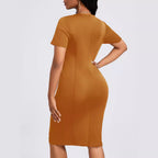 Crew-Neck Front-Zip Short-Sleeve Bodycon Dress