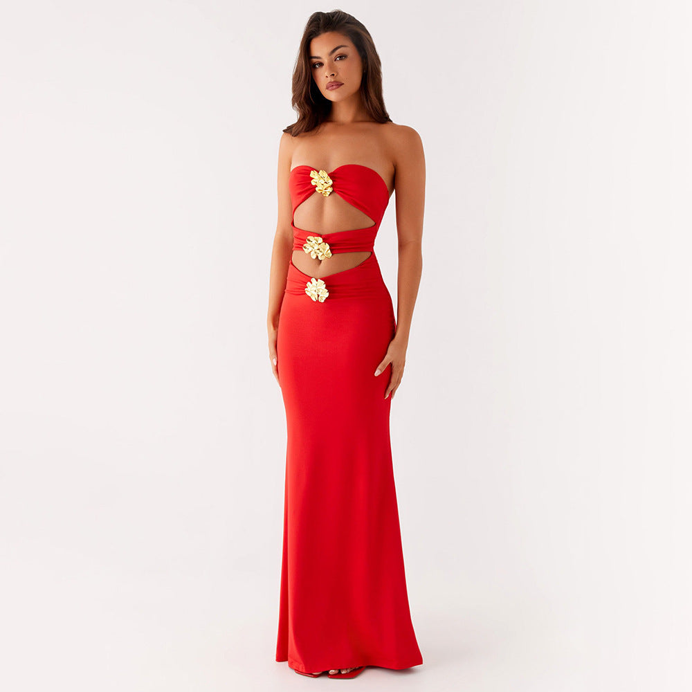 Women's Ladies Cutout Dress Off Neck Metal Floral Slim Fit Maxi Dress