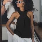 Women's Women Clothing Elegant Cross Halterneck Spaghetti Straps Sleeveless Knitted Sweater Vest Top