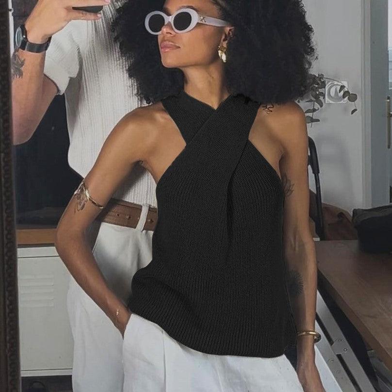 Women's Women Clothing Elegant Cross Halterneck Spaghetti Straps Sleeveless Knitted Sweater Vest Top