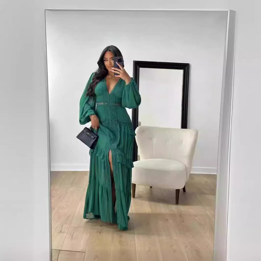 V-Neck Long-Sleeve Contrast Dress