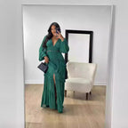 V-Neck Long-Sleeve Contrast Dress