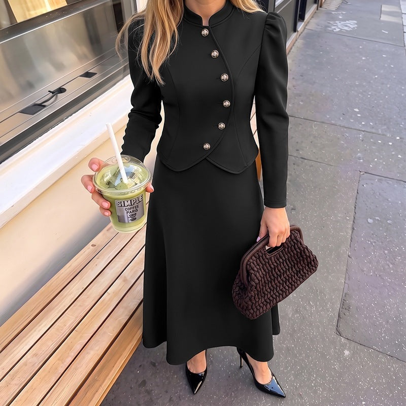 Simple Office Stand Collar Split Skirt Two Piece Sets