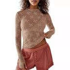 Women's Sheer Lace Mock Neck Long Sleeve Top