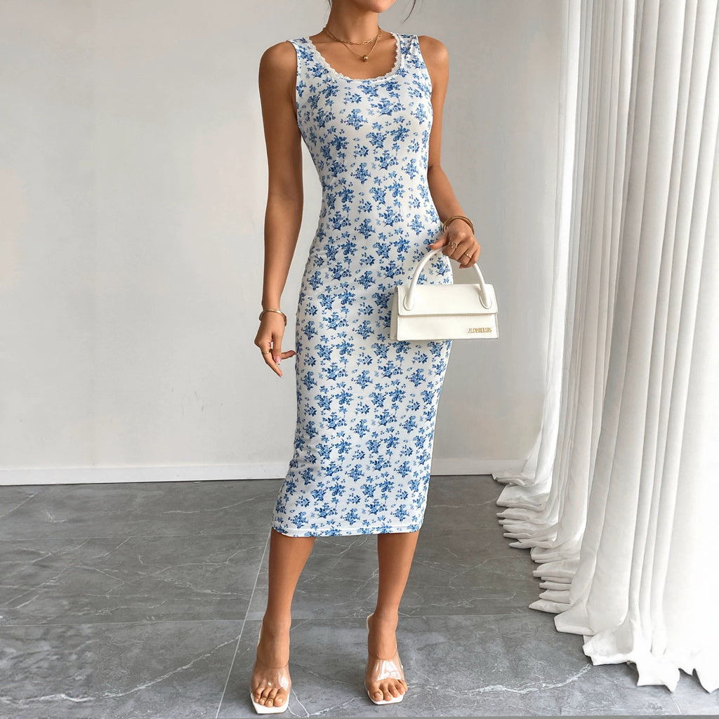 Women Floral SL Vest Dress Lace Waist Slimming Sheath Dress