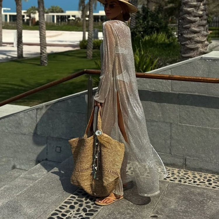 Sheer Long-Sleeve Split Maxi Dress