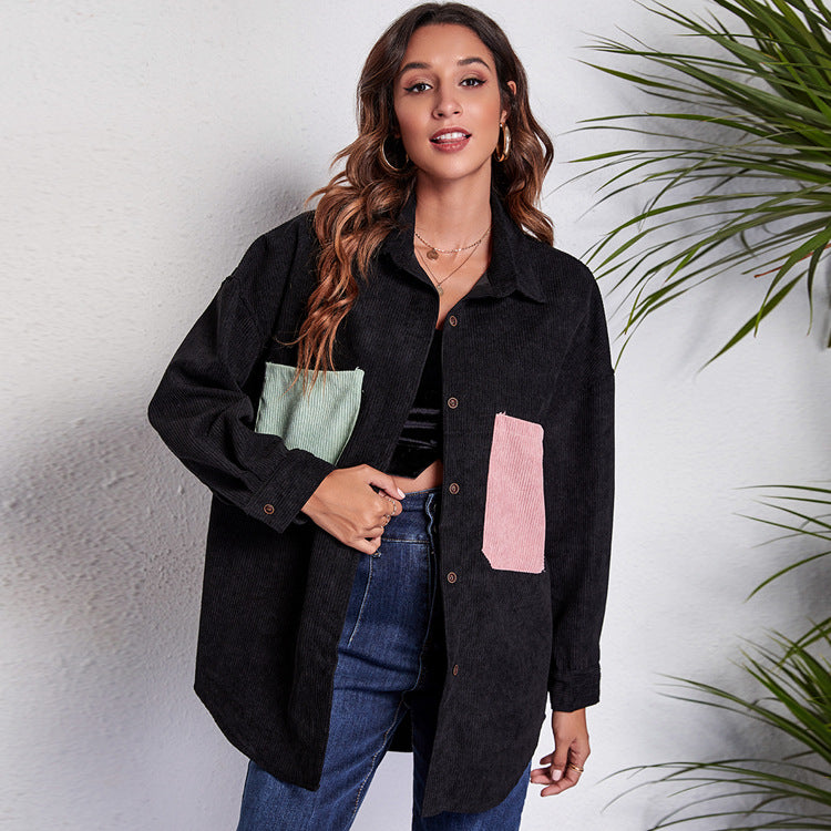 Women's Loose Corduroy Shirt Mid-Length Patchwork Pocket Drop-Shoulder Long-Sleeve Thin New