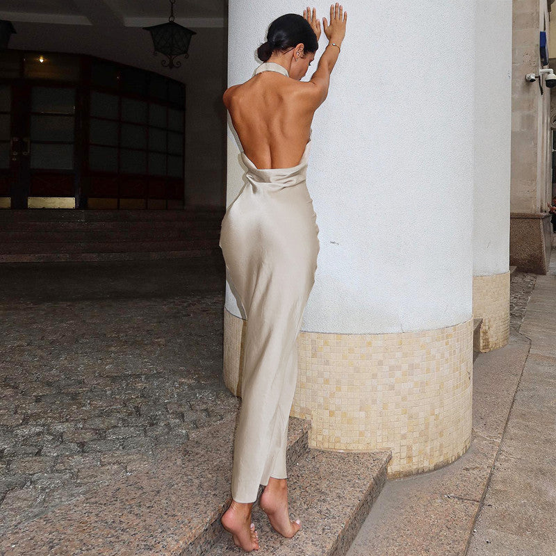 Summer Solid Color Sleeveless Halter Backless Satin Dress