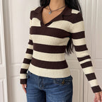 Women's Retro Striped Collared Knit Sweater