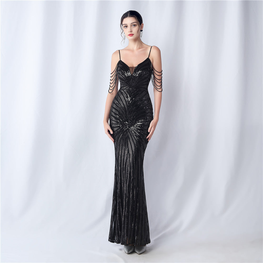 Women's Floral Cutting Beaded Wedding Event Sequin Strappy Night Dress