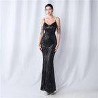 Women's Floral Cutting Beaded Wedding Event Sequin Strappy Night Dress