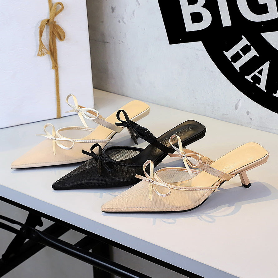 Women's Korean Lace Half Slippers Stiletto Shoes Pointed Toe Low Cut Bowknot Strap