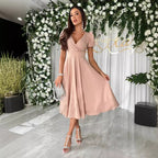 Women's Solid V-Neck Short-Sleeve Dress