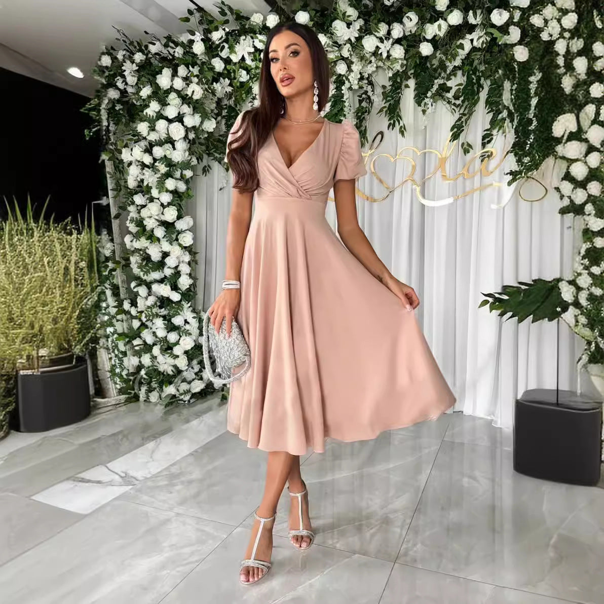 Women's Solid V-Neck Short-Sleeve Dress