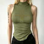 Sexy Floral Rhinestone Waist Tight Turtleneck Vest Street